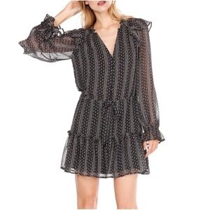 Paige Pomello Long Sleeve 100% Silk Mini Dress Black White Floral Medium Ruffle